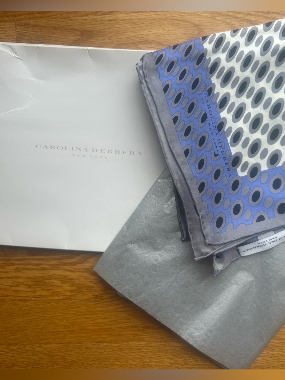 Carolina Herrera women’s Silk Gray & Blue scarf. New and gorgeous!!